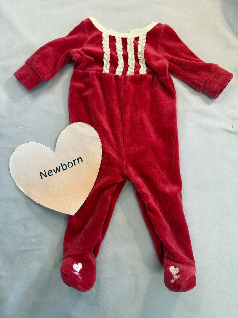 Please Mum - Vintage Classic Red Velour Footed One-Piece with Cream Trim